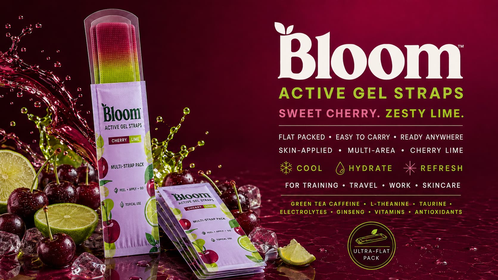 Bloom Active Gel Straps Cherry Lime packs with cherries, lime and ice