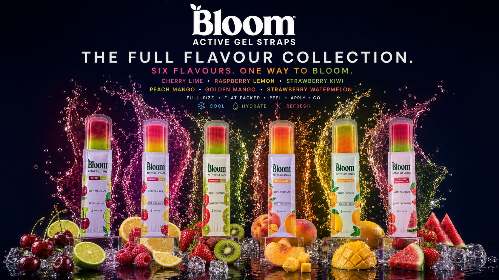 Bloom Active Gel Straps — the complete six-flavour collection lined up