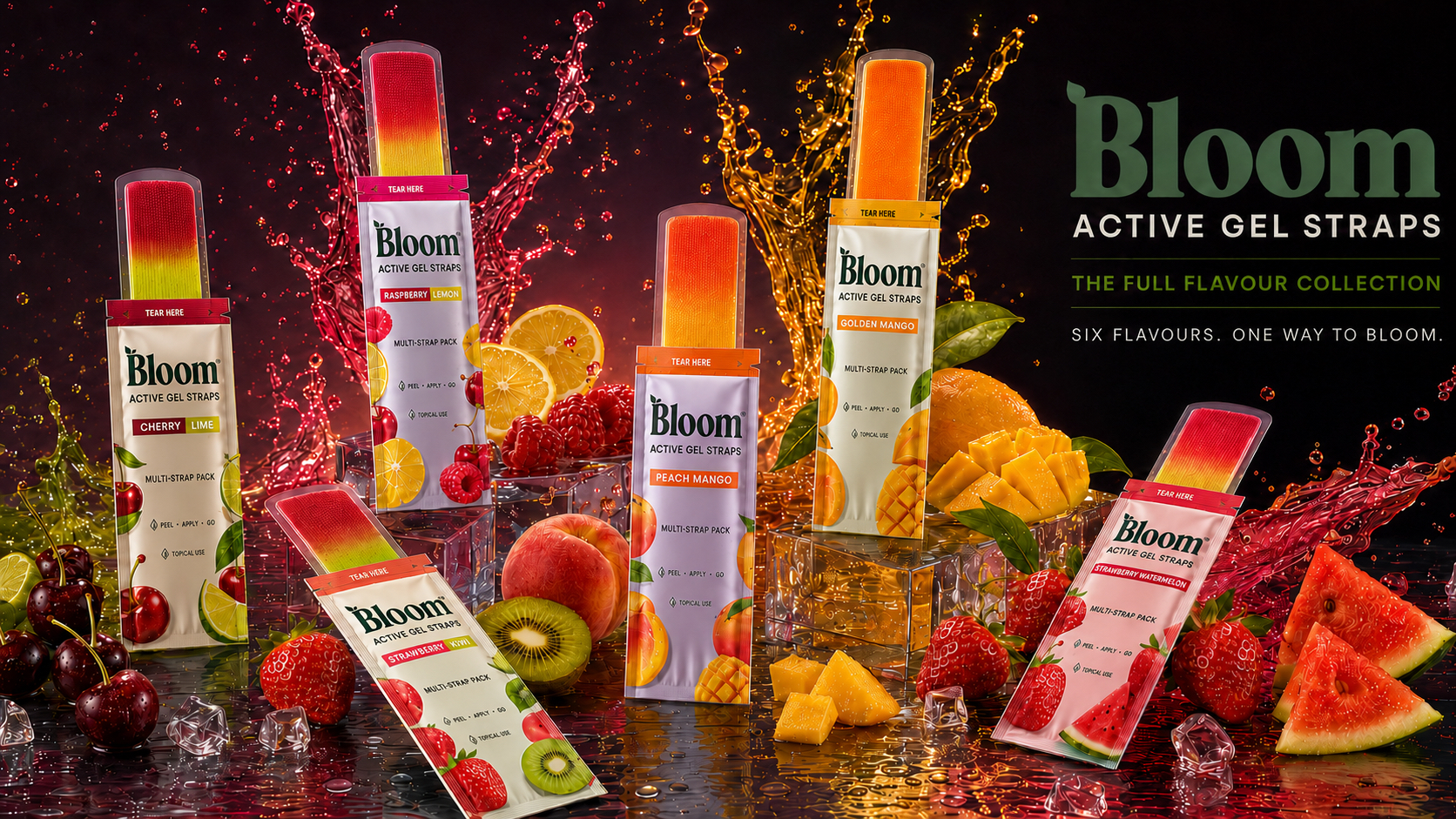 Bloom Active Gel Straps — six flavour packs in a fruit splash
