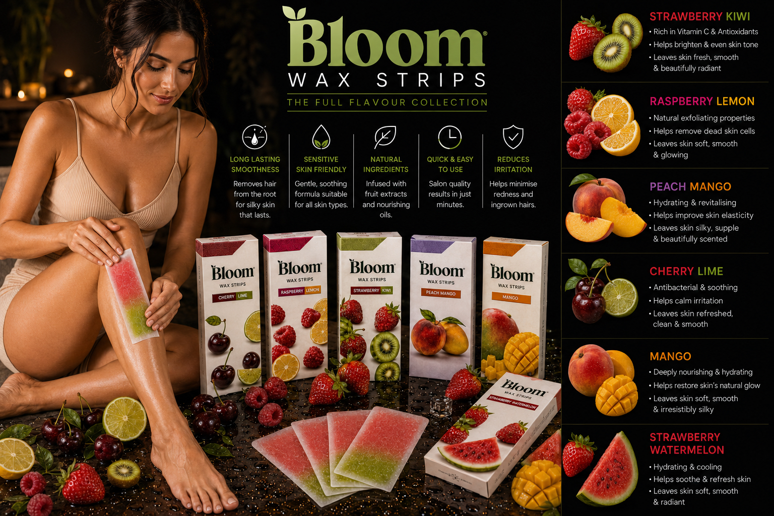 Bloom Wax Strips benefits chart with model applying a strip and six flavour descriptions