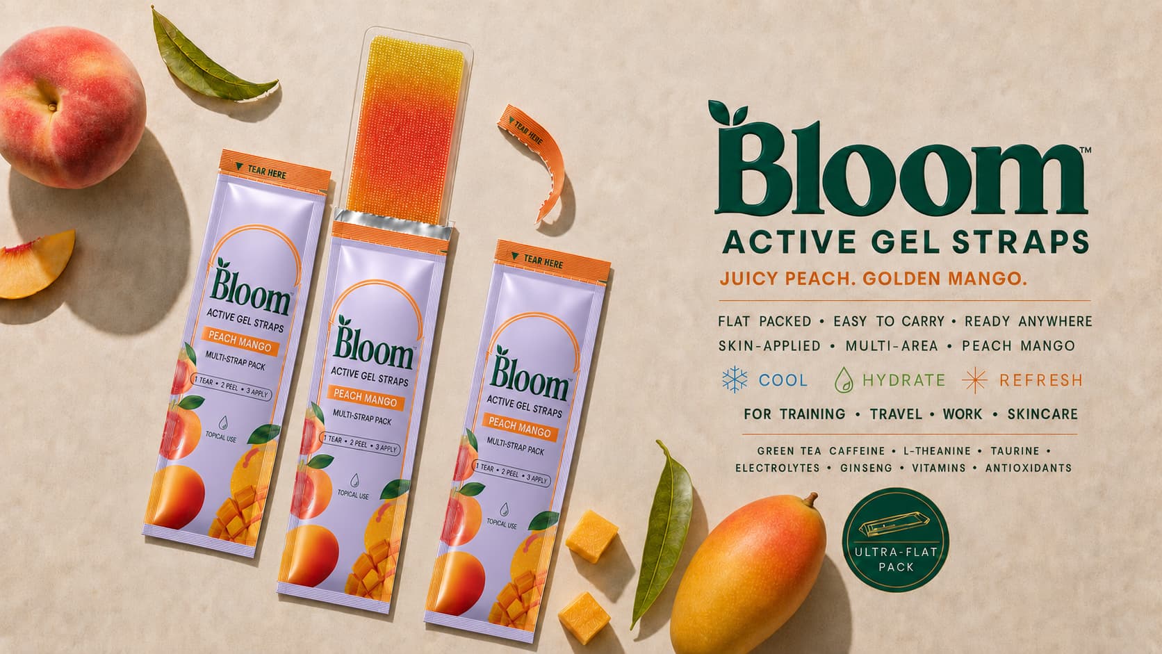 Bloom Active Gel Straps Peach Mango multi-strap packs on a sand background