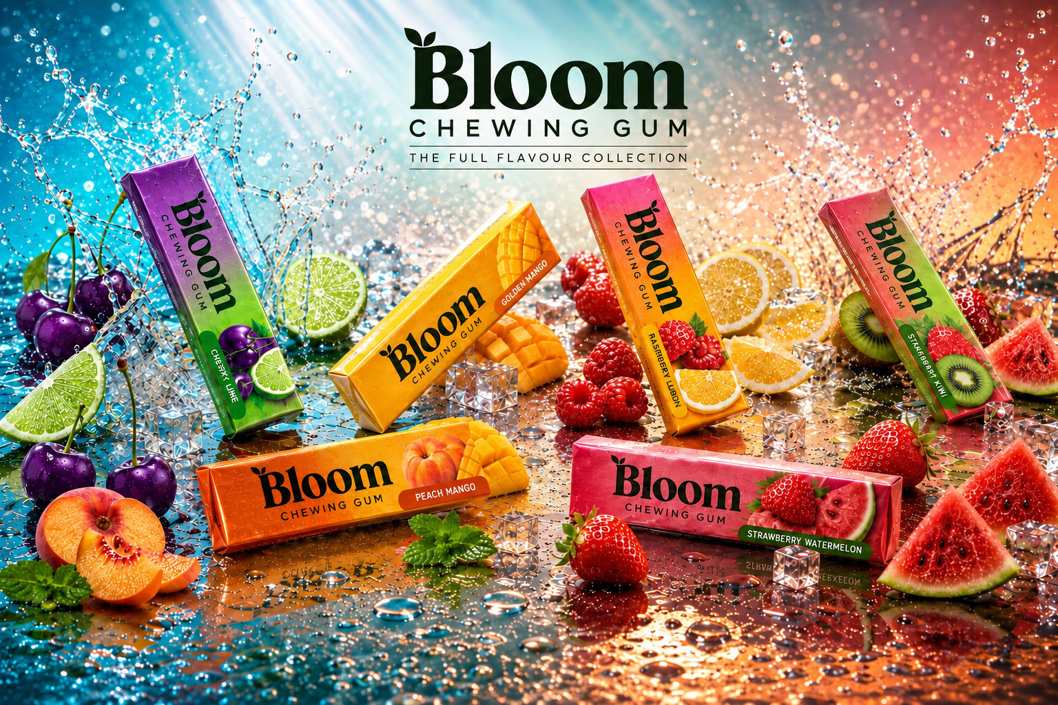 Bloom Chewing Gum Full Flavour Collection — six stick packs standing in an ice-cold fruit splash