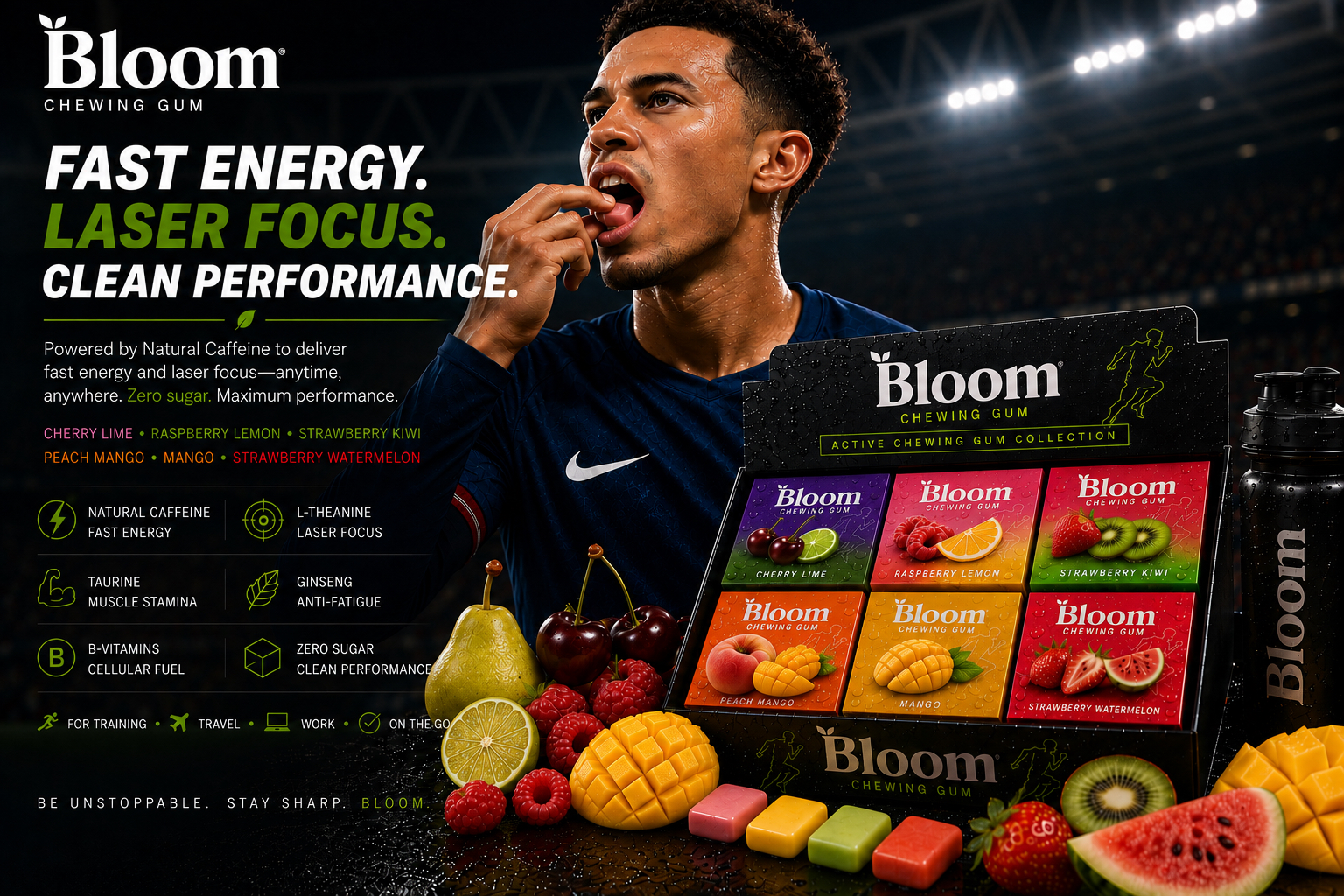 Athlete under stadium floodlights taking Bloom sports energy gum beside the full flavour counter display