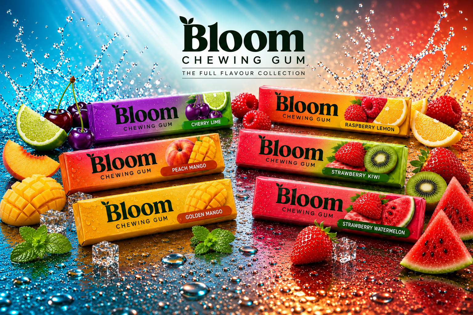 Bloom Chewing Gum Full Flavour Collection — six stick packs flat lay with fresh fruit and ice