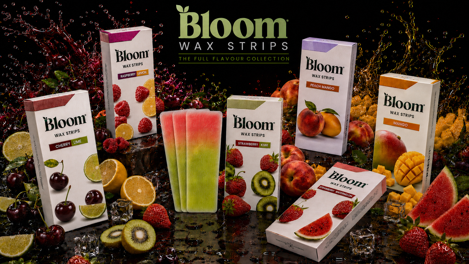 Bloom Wax Strips — six flavour boxes surrounded by fresh fruit and an ice-cold splash