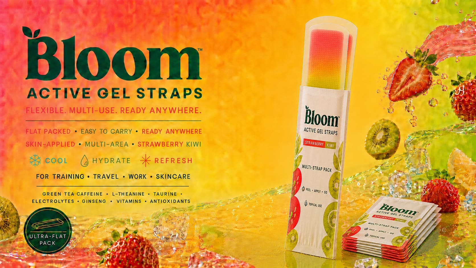 Bloom Active Gel Straps Strawberry Kiwi pack with fruit and splash